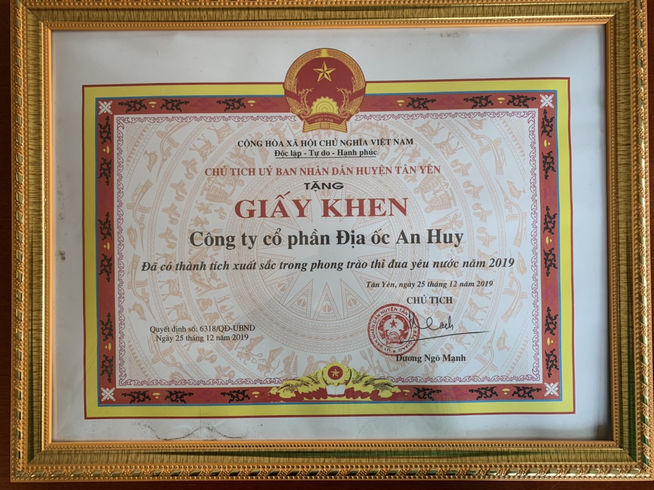 Giấy khen UBND Tân Yên 2019