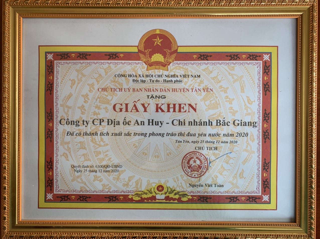 Giấy khen UBND Tân Yên 2020