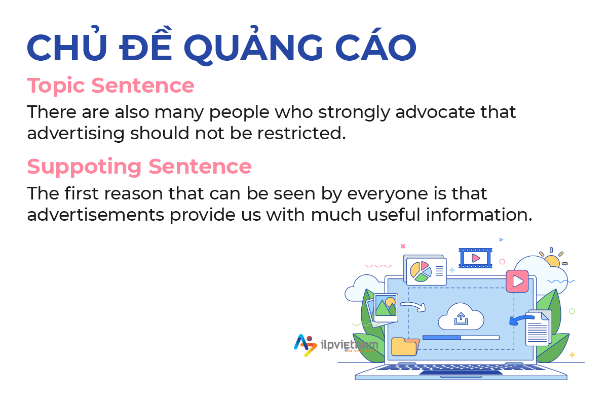 ví dụ minh họa cách viết supporting sentence chủ đề quảng cáo