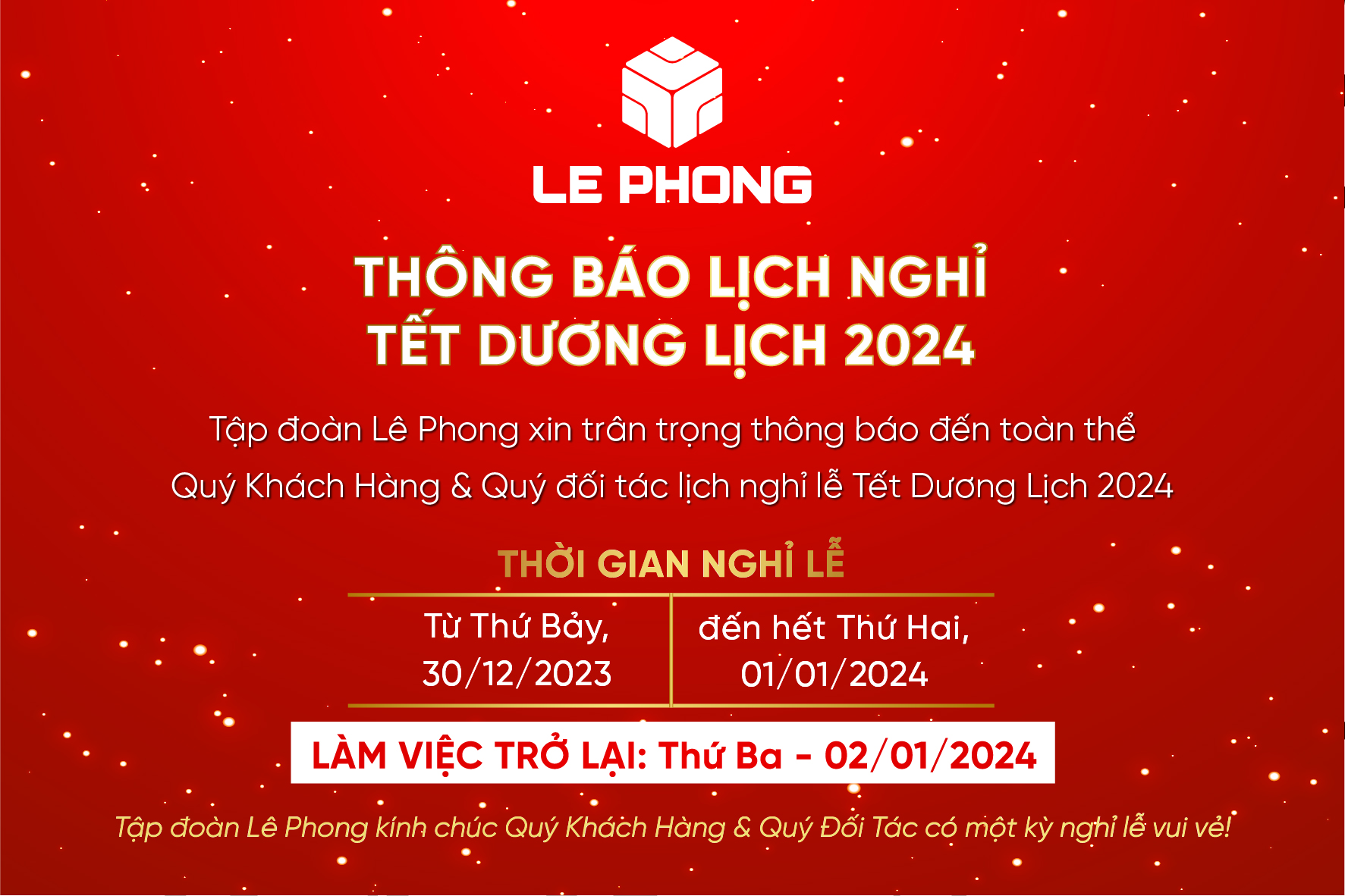 THÔNG BÁO LỊCH NGHỈ LỄ TẾT DƯƠNG LỊCH 2024
