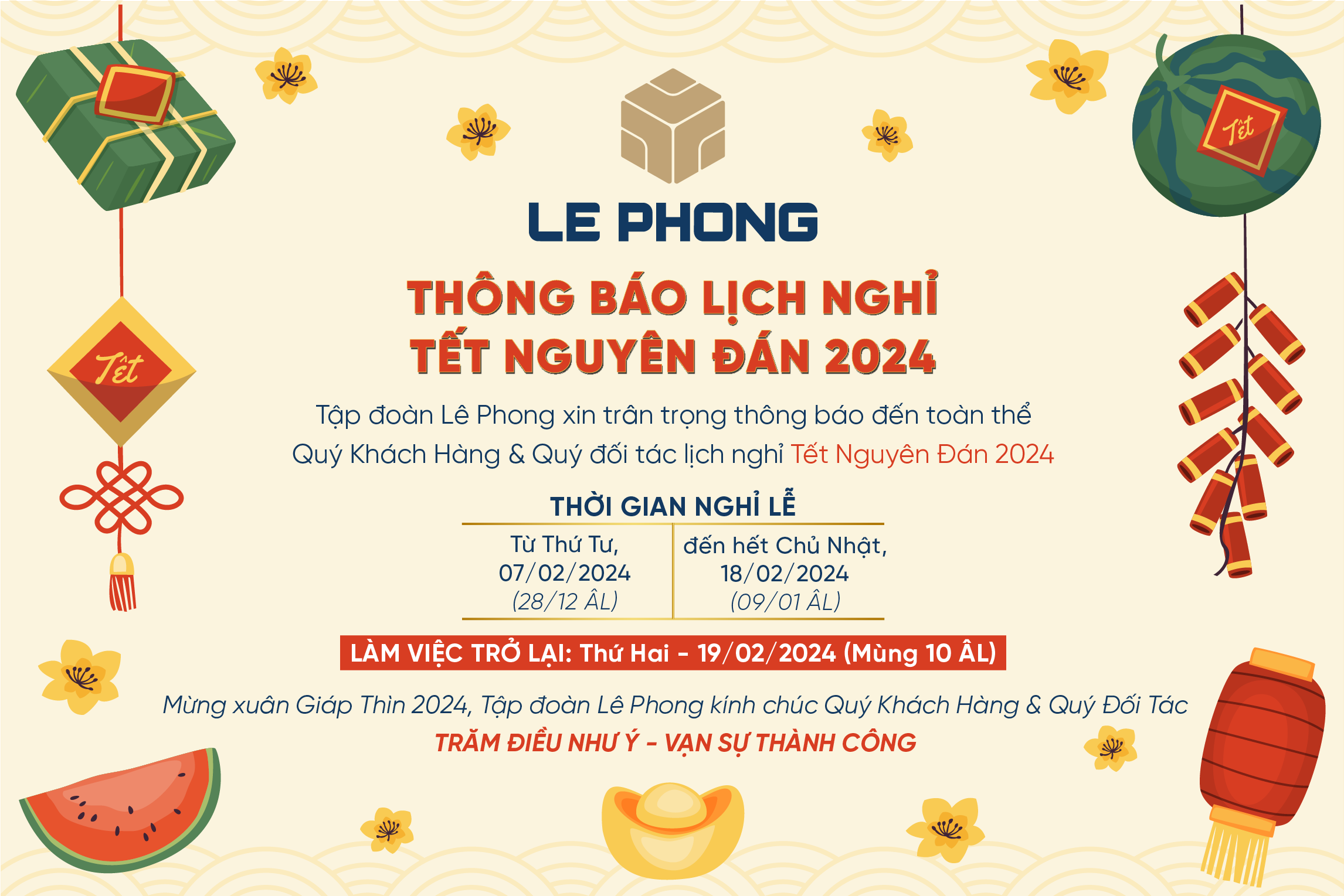 THÔNG BÁO LỊCH NGHỈ TẾT NGUYÊN ĐÁN 2024