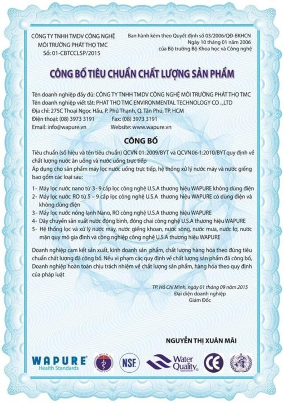Được cấp giấy “ Công bố tiêu chuẩn chất lượng sản phẩm 2015”