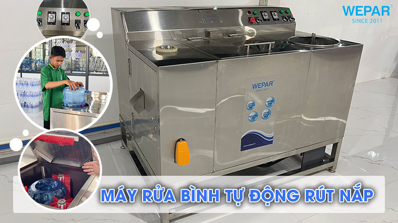 Máy rửa bình tự động tích hợp rút nắp sản xuất nước đóng bình